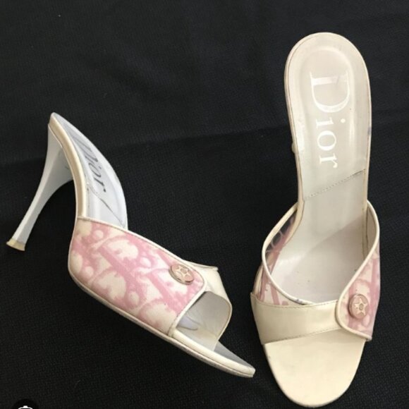 Authentic Dior Vintage White Denim Logo Monogram Heel - Sz 10 - Picture 1 of 4